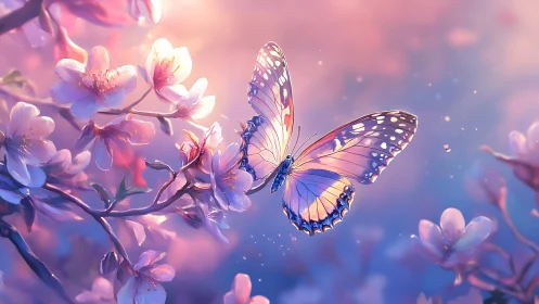 Iridescent butterfly hovers among cherry blossoms at dusk