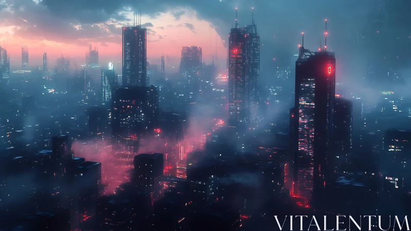 Neon dusk over misty future towers in a dreaming cityscape.