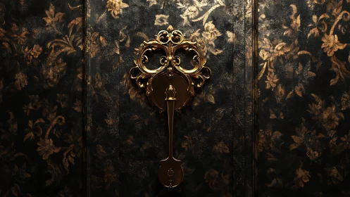 Ornate gold door handle mounted on dark floral panel