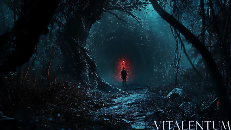 Child under crimson lantern at the eerie forest gateway.