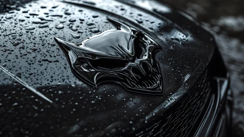 Menacing skull emblem on black car hood in cinematic rain style.