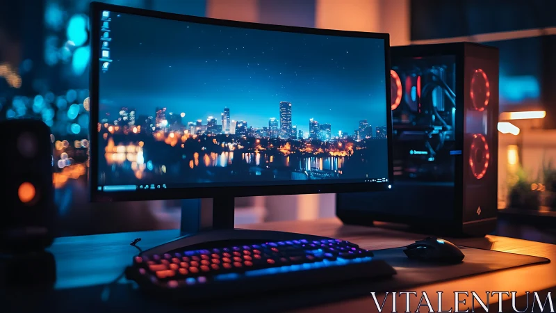 Neon city skyline hums across a curved midnight command center