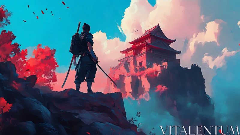 Samurai observes distant cliff temple under vivid sky