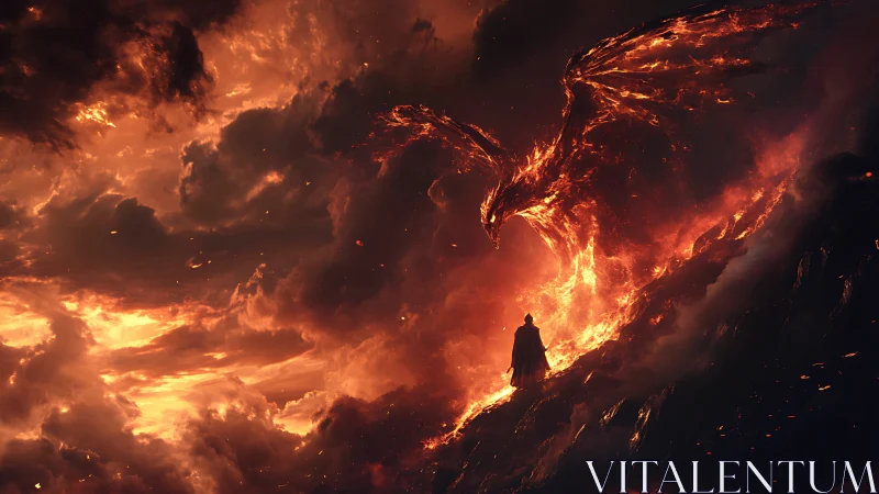 Inferno dragon unfurls above lone wanderer of the flame.