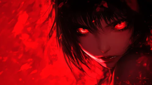 Scarlet gaze of the midnight girl, burning through shadowed red.