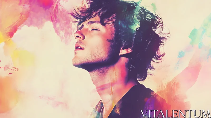 Side profile portrait in neon pastel double exposure style.