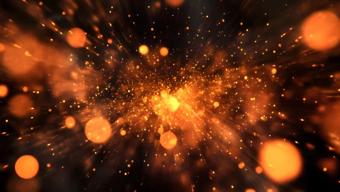 Abstract glowing orange light burst with bokeh particles effect.