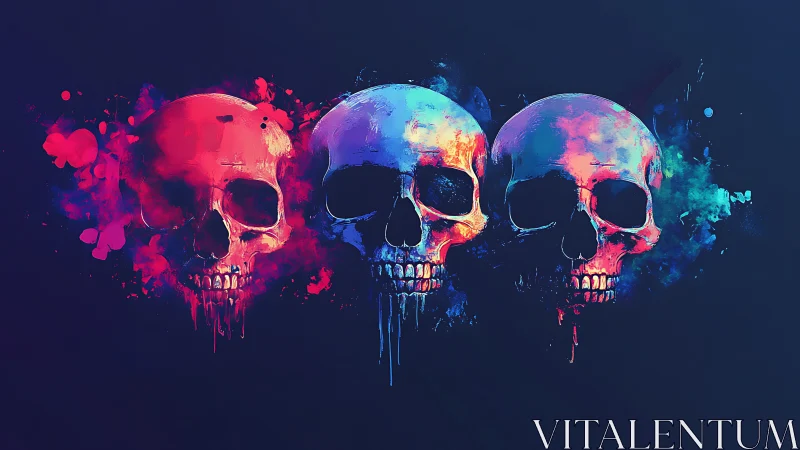 Triadic neon skulls align in dripping chromatic symmetry