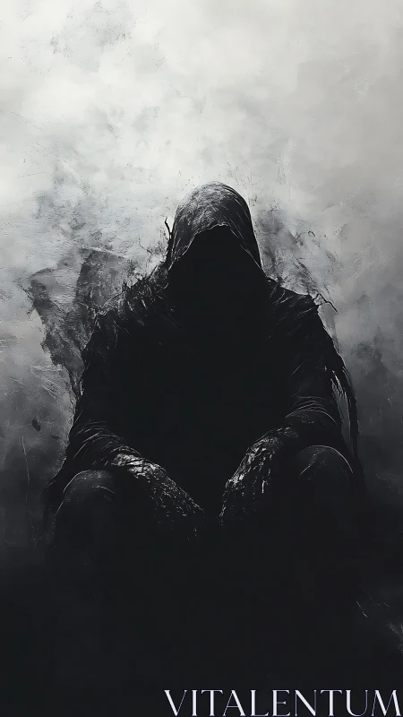 Hooded shadow figure seated within diffuse gray fog field.