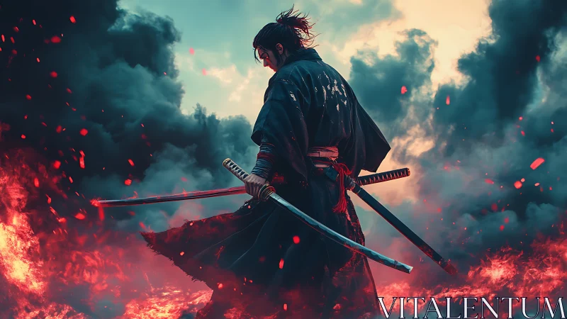 Lone samurai warrior with dual katanas amid firestorm embers