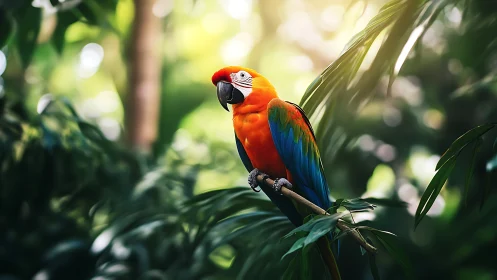 Vibrant Scarlet Macaw on Jungle Branch, Nature Photography Style.
