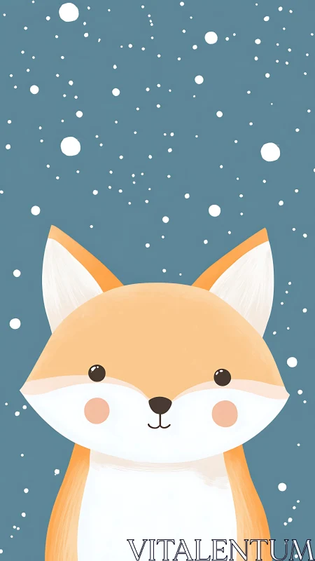 Minimalist winter fox illustration on teal snowfield background.