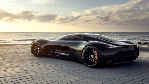 Midnight supercar idles by a molten-gold ocean horizon.