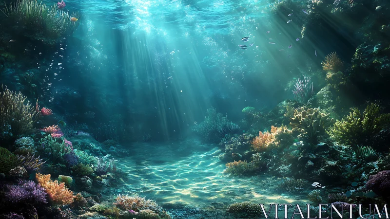 Sunlit coral reef glows beneath tranquil turquoise waves