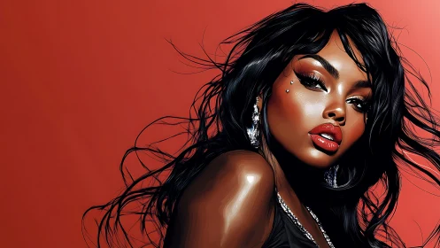 Digital portrait shows stylized woman against red background