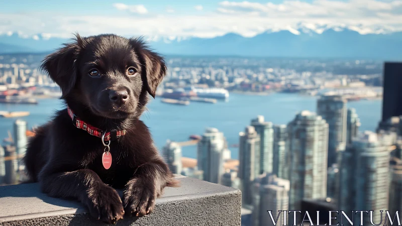 Black puppy rests on ledge above modern harbor cityscape