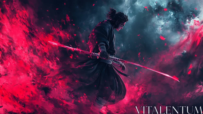 Lone samurai strides through crimson storm of energy