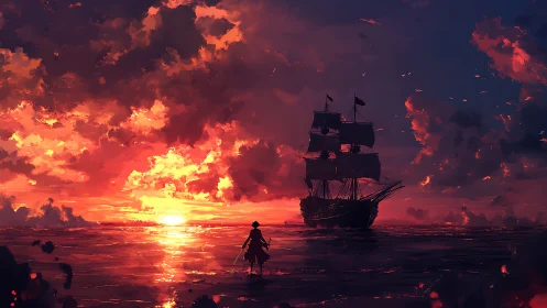 Pirate silhouette facing tall ship at fiery ocean sunset.