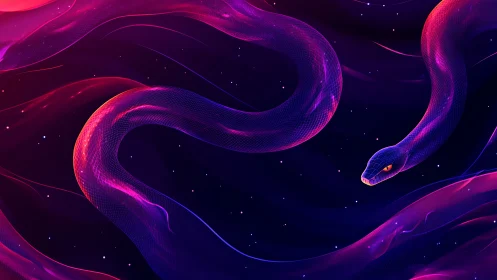 Neon serpent gliding through dark cosmic void at night.