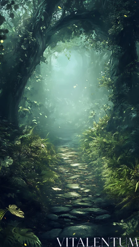 Luminous Forest Pathway Through Misty Woodland Canopy.