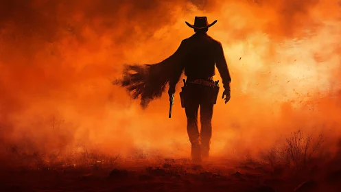 Lone cowboy strides through blazing sunset dust and silence