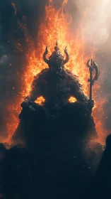 Infernal horned deity on molten throne framed by volumetric fire
