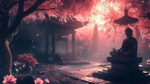 Buddha garden stands under glowing crimson cherry canopy.