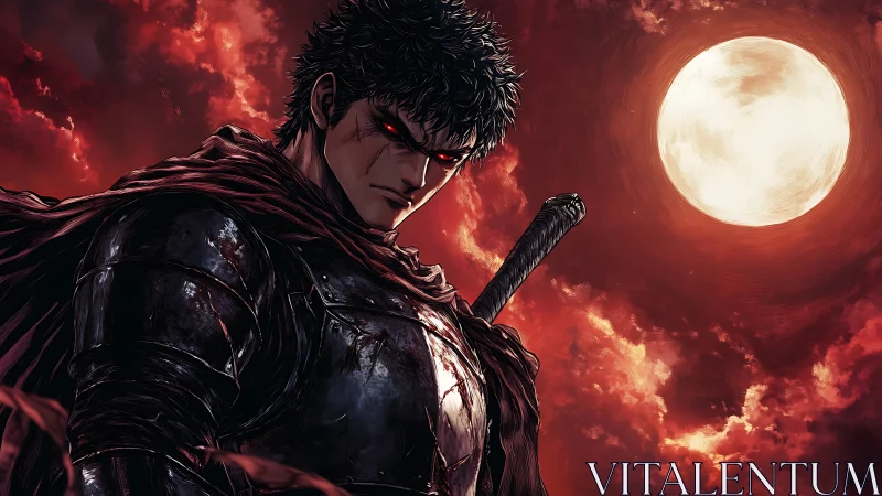 Brooding swordsman under a burning red moonlit sky.