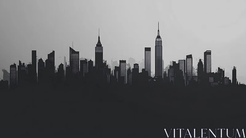 Monochrome city skyline forms a bold urban silhouette.