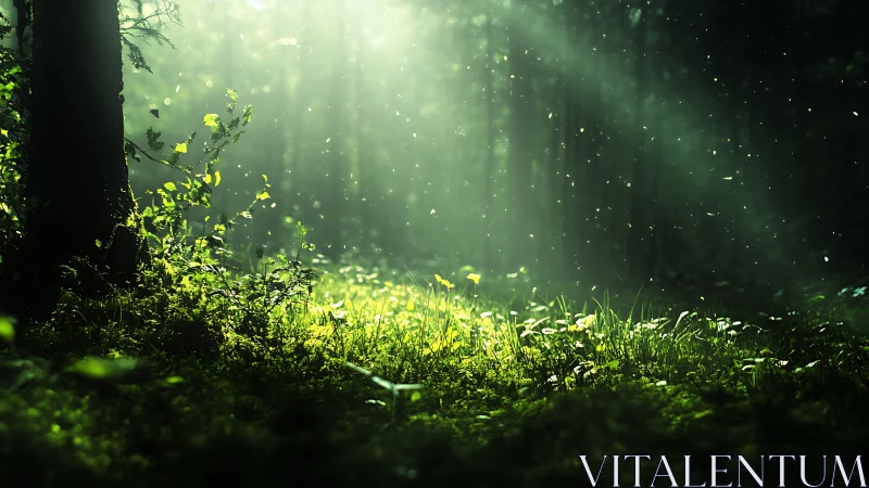 Sunlit Forest Clearing with Lush Greenery in Dreamy Morning Light.