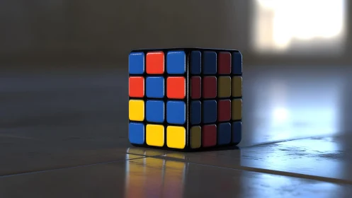 Colorful Rubik&rsquo;s cube on reflective floor in soft light.