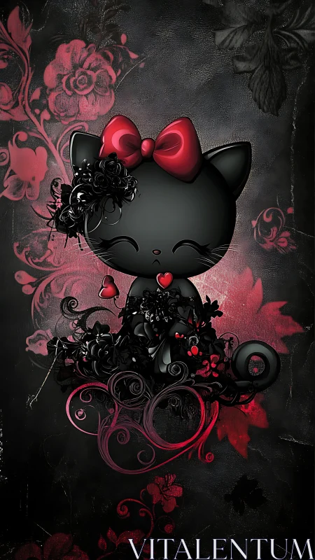 Adorable Black Cat with Red Bow and Whimsical Heart Design