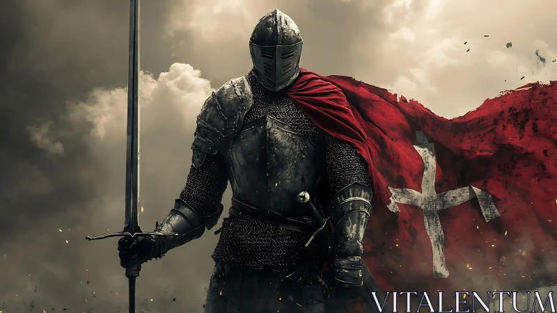 Armored medieval knight with sword and red cross banner.