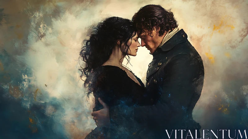 Couple in period clothing standing in close frontal contact.