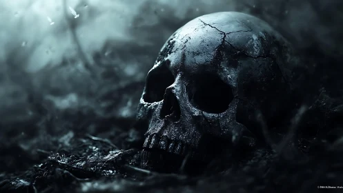 Weathered skull in damp soil under moody cinematic lighting