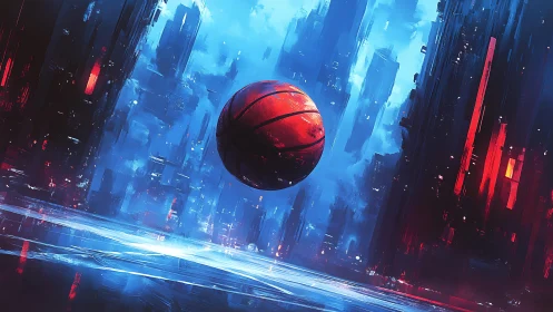 Neon city court where a glowing red basketball hovers.