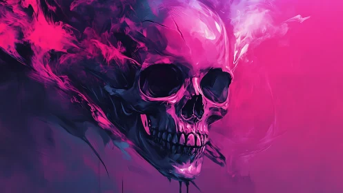 Neon pink skull drifting in dreamy swirling smoke clouds.