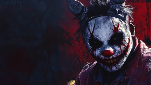 Killer clown portrait with bloody mask on dark red backdrop.
