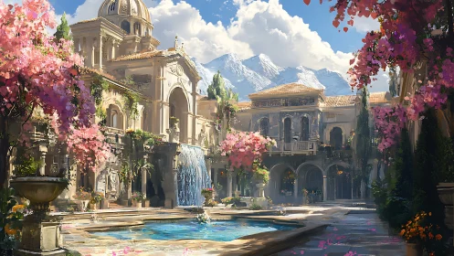 Grand courtyard with fountain pool and mountain backdrop.
