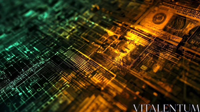 Glowing data circuits melt into shimmering digital banknotes