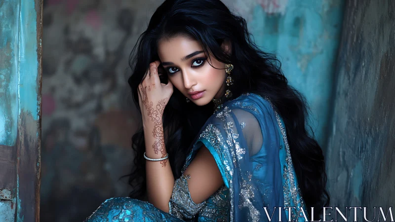 Elegant woman in blue saree with henna, cinematic portrait style.