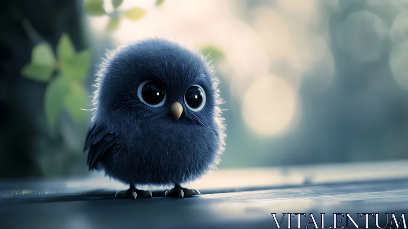 Adorable Fluffy Blue Cartoon Bird on Wooden Surface, Soft Focus.