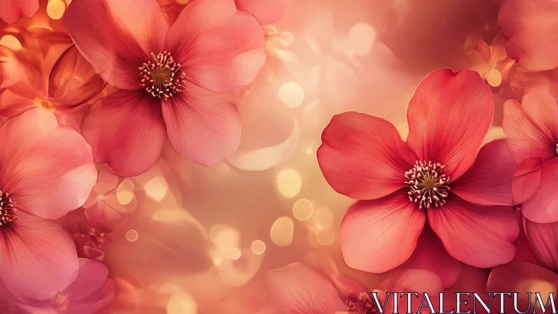 Blooming coral petals dissolve into luminous bokeh light.