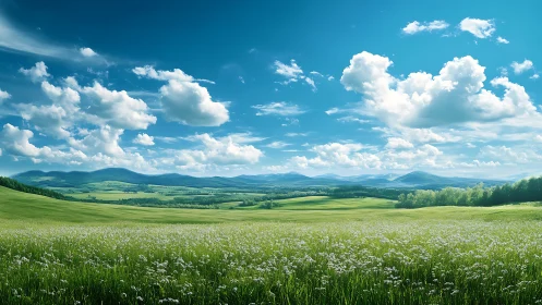 Rolling meadow breathes under a parade of drifting clouds