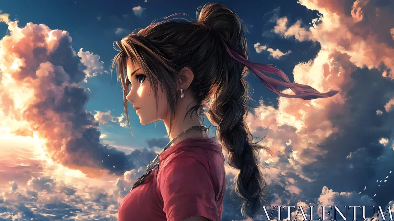 Anime girl in profile against glowing sunset clouds sky.