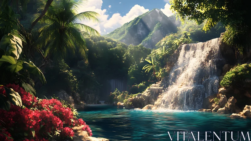 Sunlit jungle waterfall and secret turquoise swimming cove.