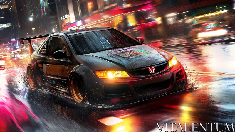 Tuned Honda street racer slicing through neon city rain.