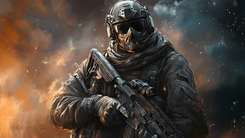 Armored special forces soldier stands in fiery battlefield haze