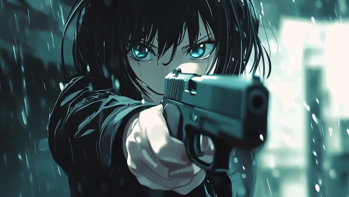 Blue eyed anime assassin aims pistol through driving rain.