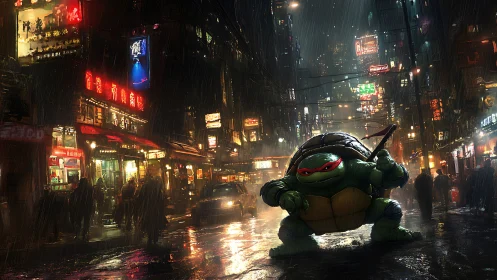 Anthropomorphic turtle warrior in rainy neon city street scene.